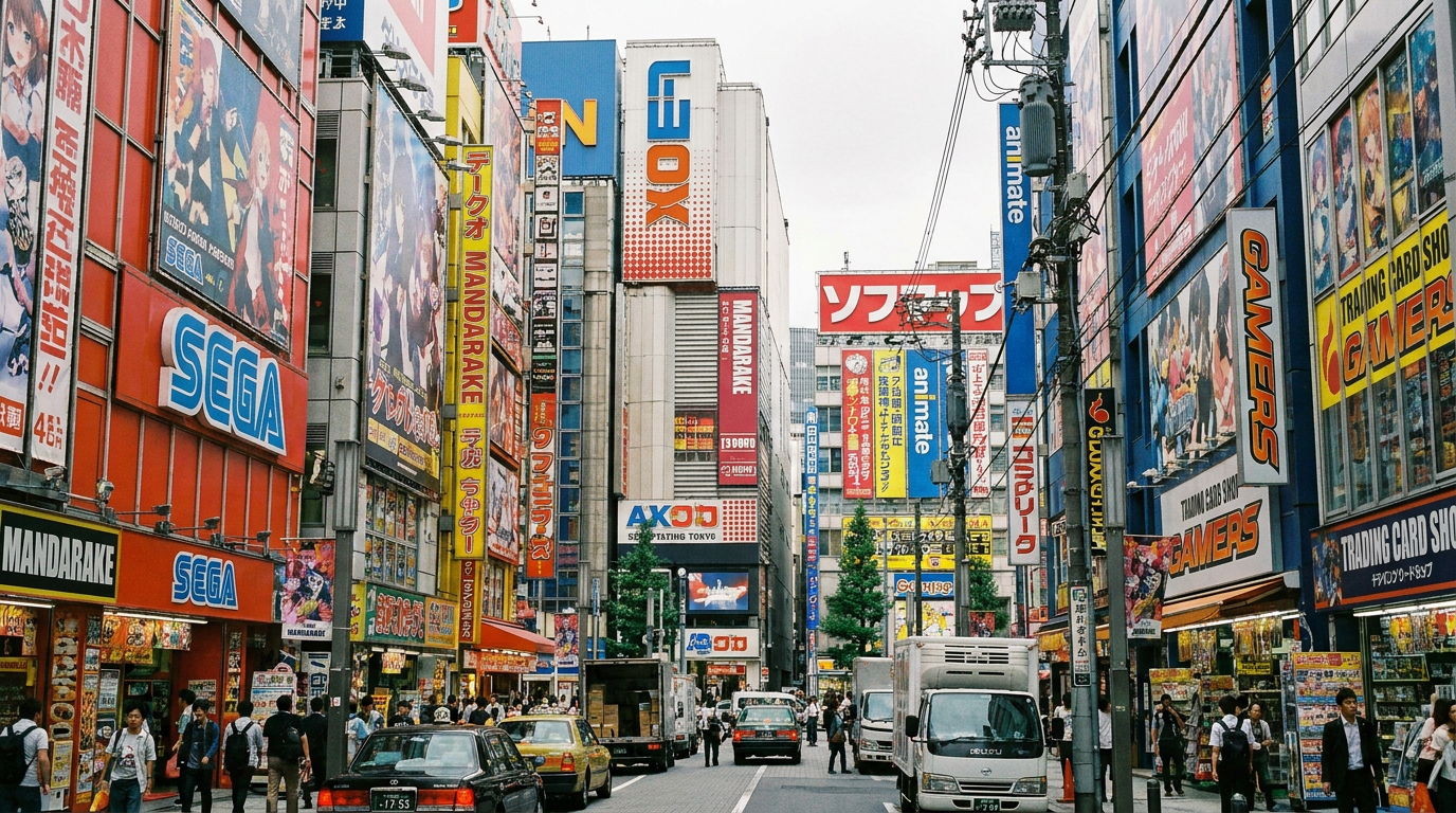 Akihabara street with colorful shop signs
